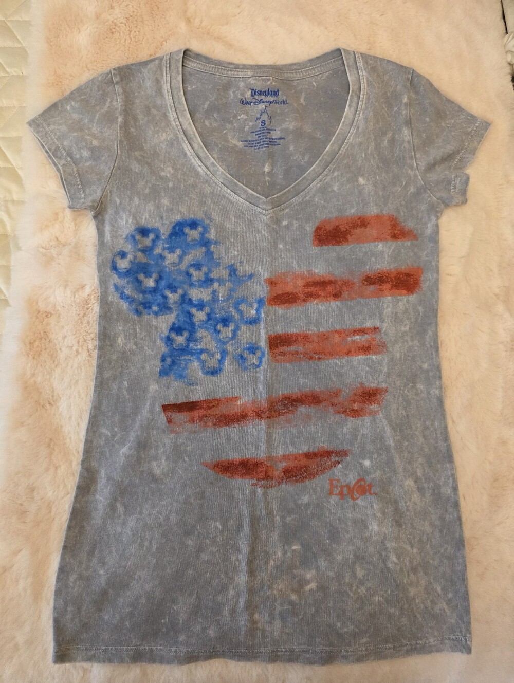 Disney Gray V-Neck Tee with Blue & Red Stripes